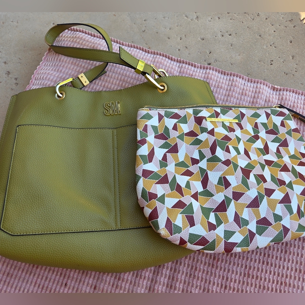 Steve Madden Olive Green Leather Tote Bag With Matching Accessory Bag EUC